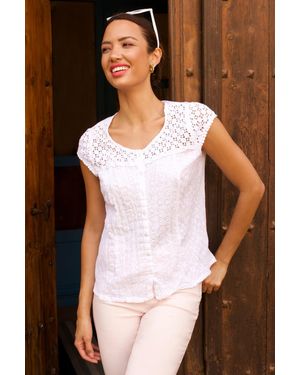 Roman Lace Yoke Cap Sleeve Crinkle Blouse - White