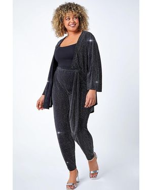 Roman Curve Glitter Belted Tapered Stretch Trousers - Black