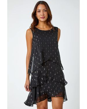 Roman Shimmer Foil Print Tiered Dress - Black