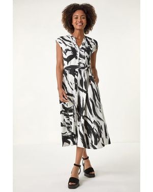 Roman Brushstroke Linen Mix Midi Dress - White