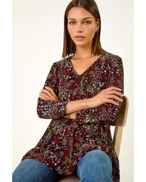Roman Disty Circle Print V-Neck Tunic - Brown