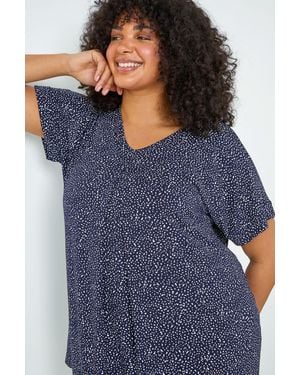 Roman Curve Ditsy Spot Print V-Neck Stretch Top - Blue