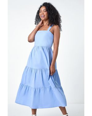 Roman Petite Tiered Cotton Shirred Midi Dress - Blue
