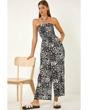 Roman Abstract Print Shirred Bandeau Jumpsuit - Black