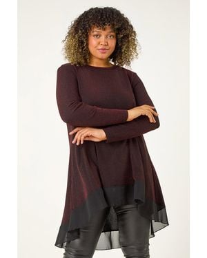 Roman Curve Glitter Chiffon Hem Tunic Top - Red