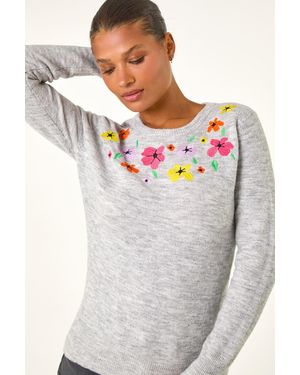Roman Floral Embroidered Crew Neck Jumper - Grey