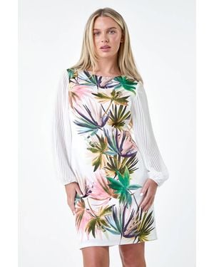 Roman Petite Tropical Pleat Sleeve Shift Dress - White