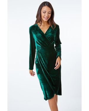 Roman Stretch Velvet Ruched Wrap Midi Dress - Green