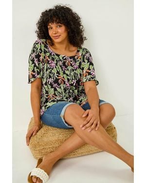 Roman Curve Tropical Print Square Neck Top - Black