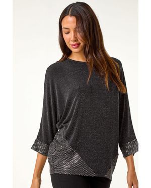 Roman Contrast Sparkle Stretch Top - Black