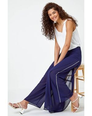 Roman Diamante Side Split Chiffon Trousers - Blue