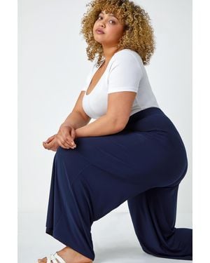 Roman Curve Elastic Waist Wide Leg Trousers - Blue