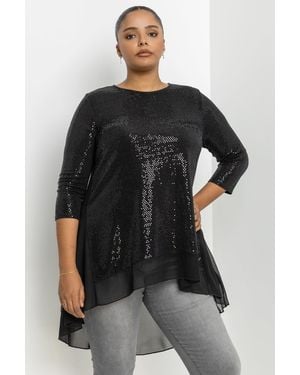 Roman Curve Shimmer Chiffon Hem High Low Top - Black