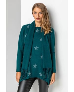 Roman Star Print Knitted Tunic Top With Tassel Scarf - Blue