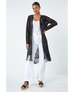 Lilly-and-Hope Lace Longline Fringed Cardigan - Blue