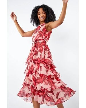 Roman Petite Tiered Tropical Print Midi Dress - Pink