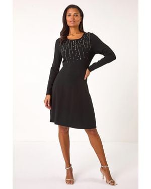 Roman Diamante Detail Knitted Dress - Black