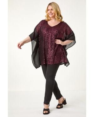 Roman Curve Full Sequin Chiffon Overlay Top - Red
