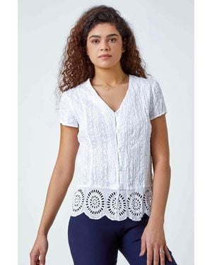 Roman Cotton Embroidered Crinkle Blouse - White