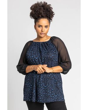 Roman Curve Glitter Animal Print Pleated Top - Blue