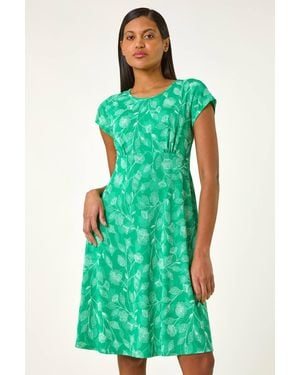 Roman Stretch Floral Puff Print Midi Dress - Green