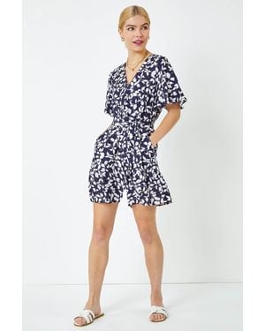 D.u.s.k Leaf Print Belted Wrap Playsuit - Blue
