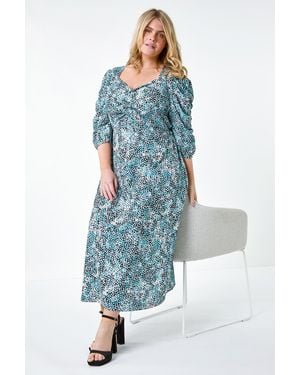 Roman Curve Abstract Spot Ruched Midi Dress - Blue