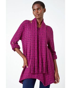 Roman Abstract Print Stretch Tunic Top & Scarf - Purple
