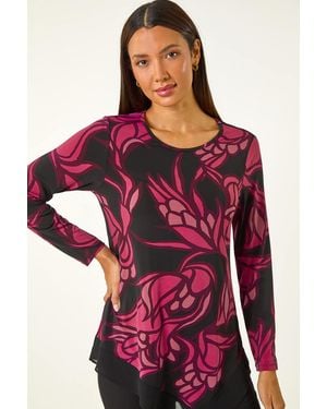 Roman Floral Print Chiffon Hem Top - Red