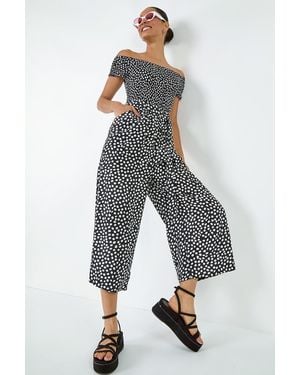 D.u.s.k Polka Dot Shirred Stretch Bardot Jumpsuit - Grey
