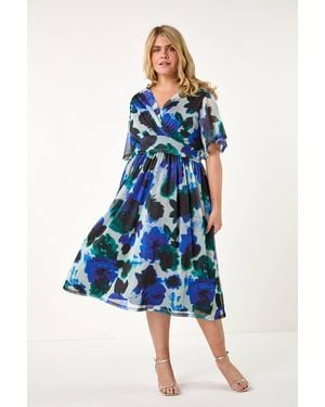 Roman Curve Abstract Print Stretch Mesh Wrap Dress - Blue