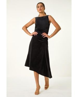 Roman Velvet Side Ruched Stretch Midi Dress - Black