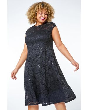 Roman Curve Sequin Lace Fit And Flare Dress - Blue