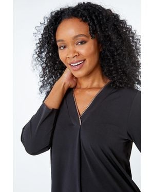 Roman Petite Metallic Trim V-Neck Jersey Top - Black