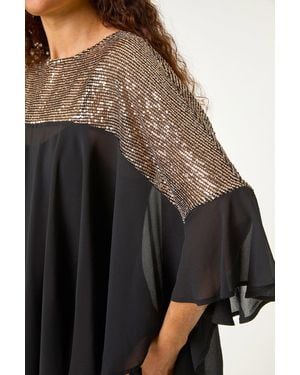 Roman Sequin Yoke Frilled Tunic Top - Black