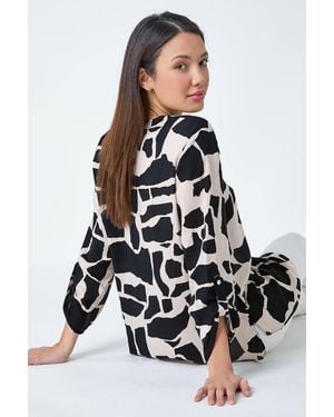 Roman Animal Print Pleat Front V-Neck Top - White