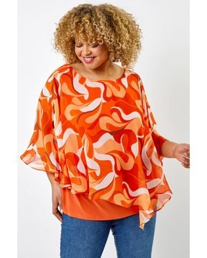 Roman Curve Retro Swirl Chiffon Overlay Top - Orange