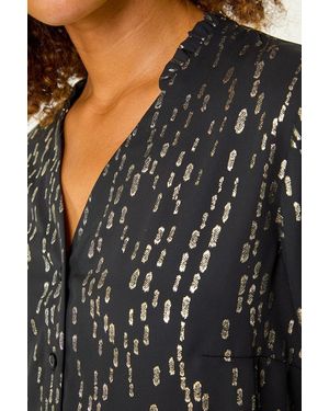 Roman Dotted Foil Frill Detail Blouse - Metallic