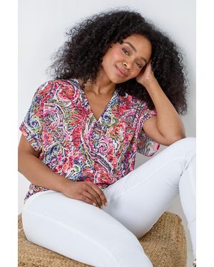 Roman Petite Paisley Shirred Hem Stretch Top - Pink