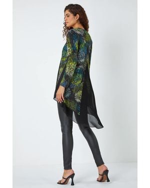 Roman Floral Print Chiffon Hem Stretch Top - Green