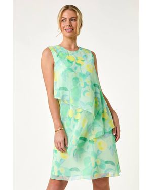 Roman Petite Lemon Print Layered A-Line Dress - Green