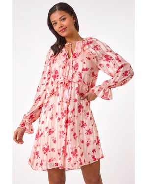 Roman Rose Print Ruffle V-Neck Smock Dress - Red