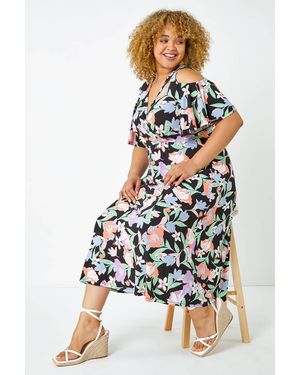 Roman Curve Cold Shoulder Floral Wrap Dress - White