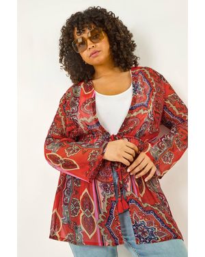 Roman Curve Paisley Tie Front Kimono - Red
