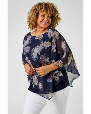 Roman Curve Paisley Print Chiffon Top - Blue