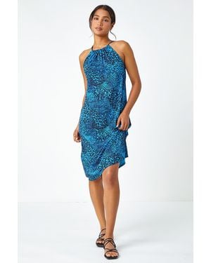 Roman Animal Print Halter Neck Stretch Dress - Blue