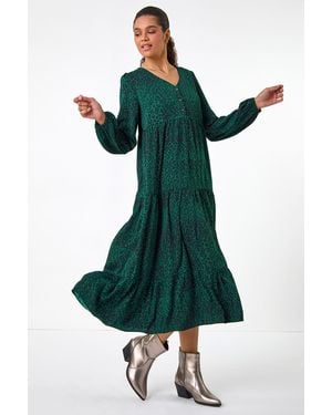 Roman Animal Print Button-Detail Smock Midi Dress - Green