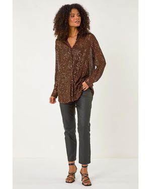D.u.s.k Sequin Button Through Stretch Blouse - Brown