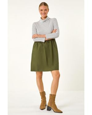 Roman Stripe Print High Neck Smock Dress - Green