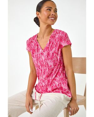 Roman Petite Abstract Print Crinkle V-Neck Top - Pink
